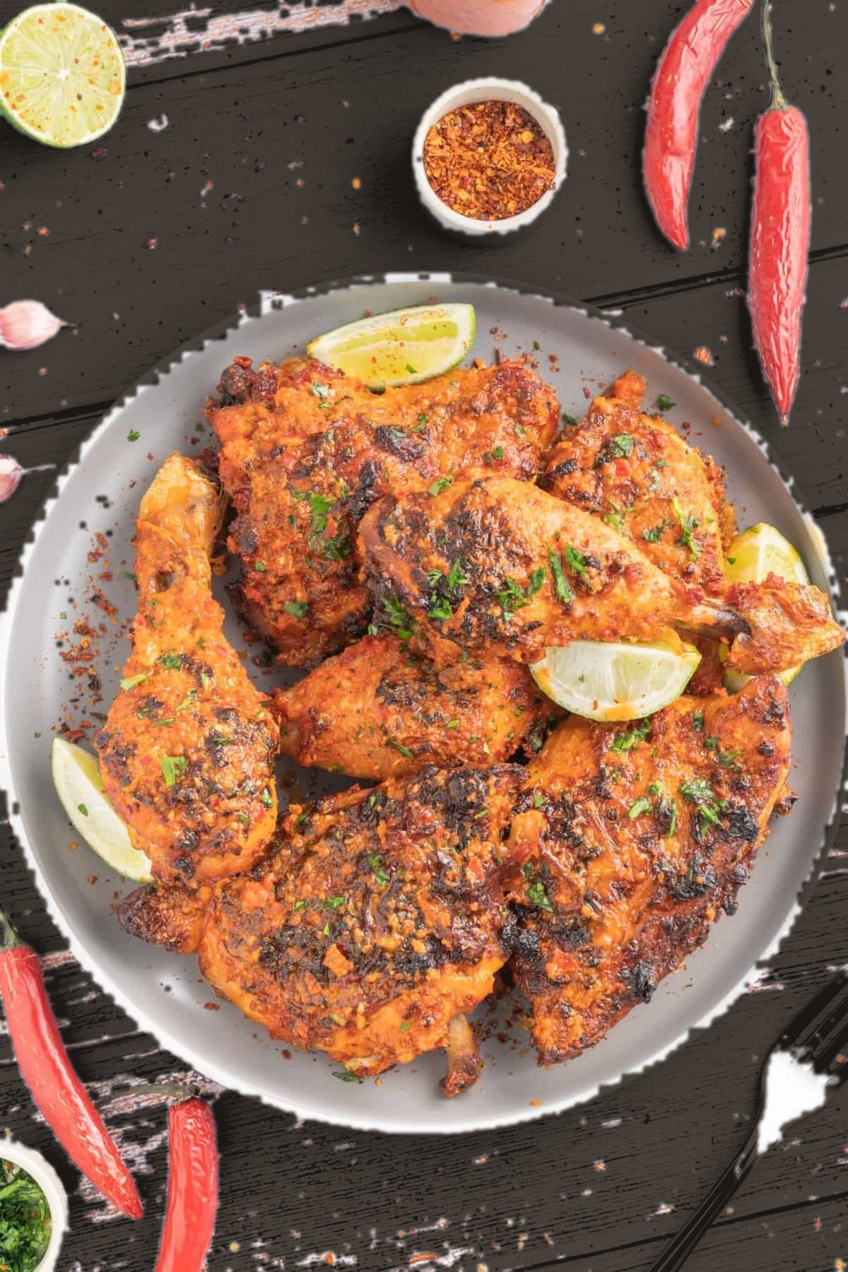 Flame-grilled halal peri peri chicken platter with lime and African Bird's Eye chilies at Peri Peri Grill House, Brooklyn NY