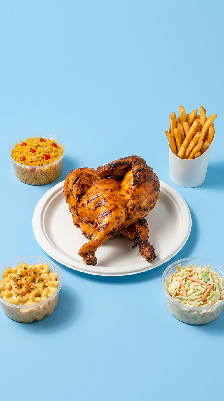 Whole flame-grilled halal chicken with rice, fries, mac and cheese and coleslaw at Peri Peri Grill House